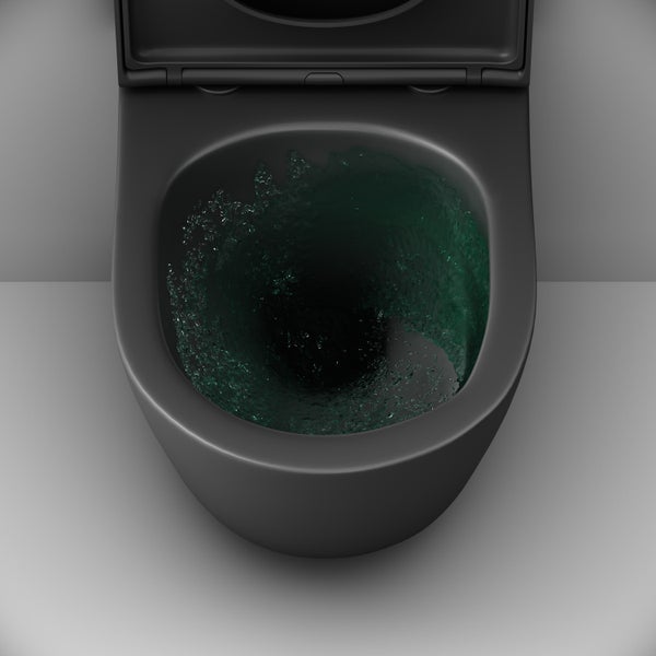 Schwarzes Wand-WC in der Draufsicht mit kraftvoller Wirbelspülung im runden Becken.
