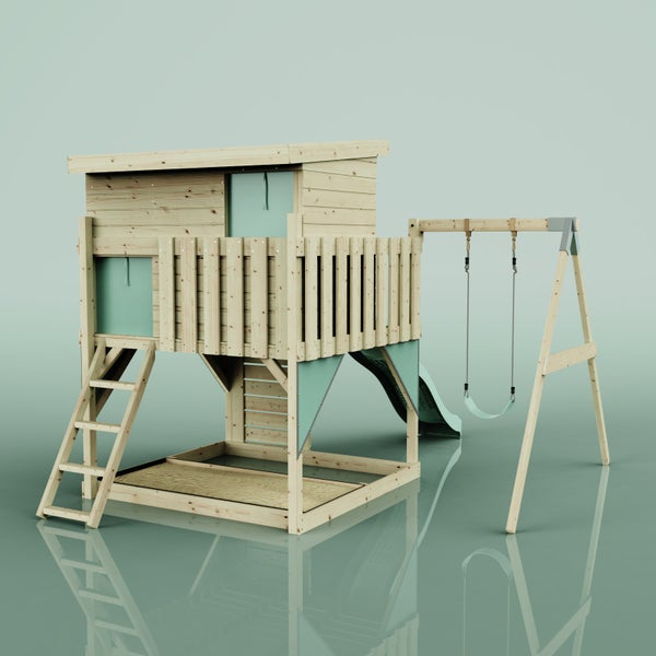 Spielturm aus Holz mit Rutsche und Schaukel in der Draufsicht.