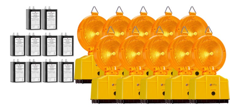 UvV 10 x LED Baustellenleuchte Warnleuchte gelb Sparpreis mit Batterien / 10 Luft-Sauerstoff langzeit Batterien (50 Ah)