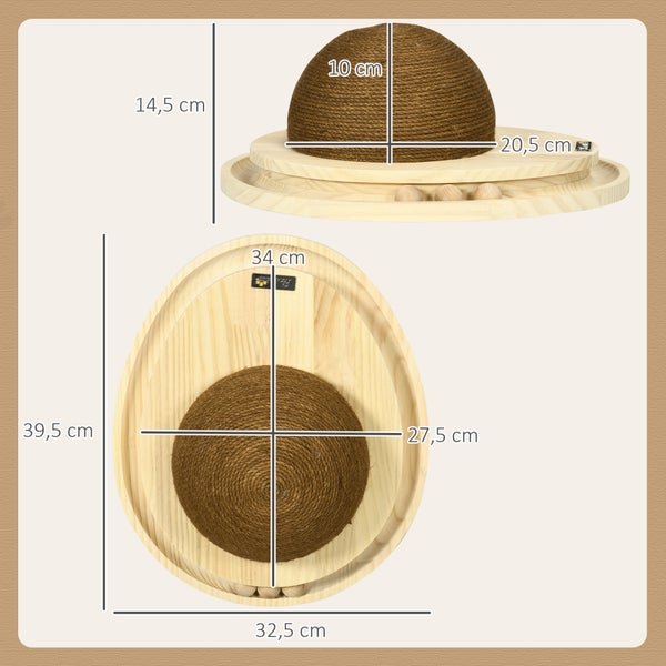 Katzenspielzeug aus Holz mit Sisal-Kratzkuppel und Kugelbahn, Maße 39,5 mal 32,5 mal 14,5 Zentimeter.