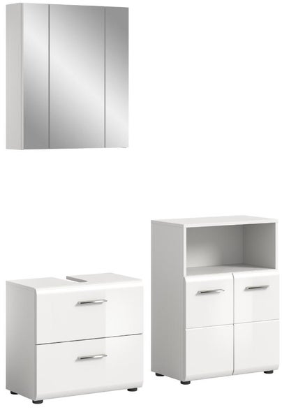 Dreiteiliges Badezimmermöbel-Set bestehend aus Spiegelschrank, Waschbeckenunterschrank und Beistellschrank in Weiß.