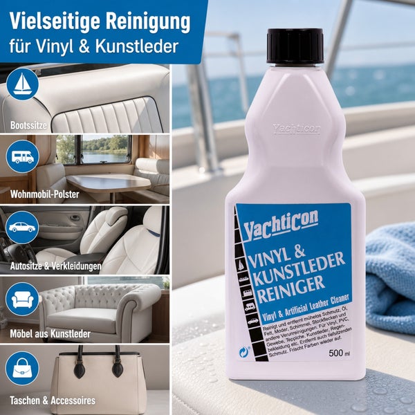 Yachticon Vinyl und Kunstleder Reiniger 500 Milliliter Flasche zur Reinigung von Bootssitzen, Wohnmobilpolstern, Autositzen und Kunstledermöbeln.