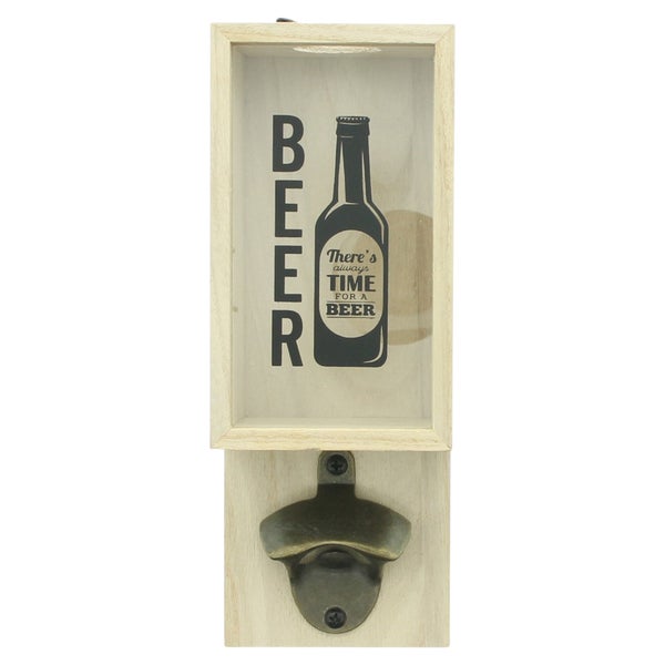 Wand-Flaschenöffner aus Holz mit integriertem Kronkorkensammler und Bier-Motiv.