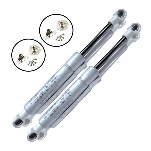 Zwei Gasdruckfedern aus Metall, Länge 195 Millimeter, Hub 58 Millimeter, Kraft 320 Newton, mit Schrauben und Halterungen zur Befestigung.