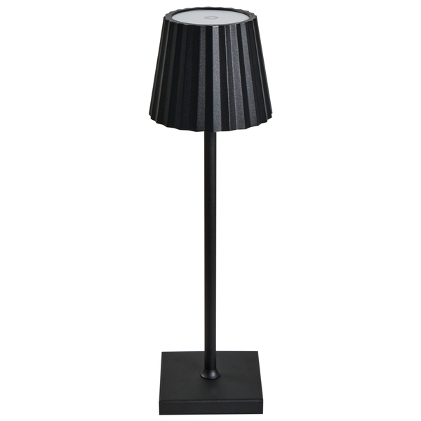 Schwarze Akku-Tischleuchte mit plissiertem Schirm, schlankem Standrohr und quadratischem Fuß.