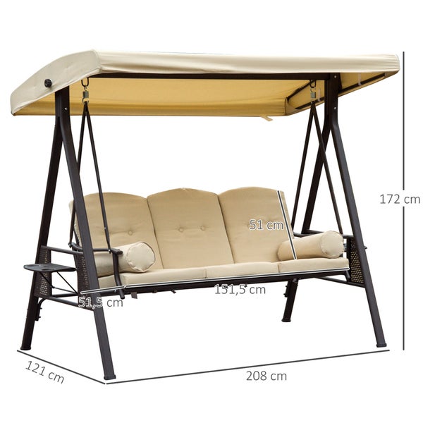 Outsunny 3-Sitzer Hollywoodschaukel Gartenschaukel mit Sonnendach Kissen Metall Polyester Beige+Braun 121 x 208 x 172 cm