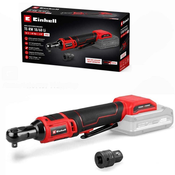 Einhell Akku-Ratschenschrauber TE-RW 18/60 Li, 18 Volt, 60 Newtonmeter, 3/8 Zoll Aufnahme mit Verpackung und Steckschlüsseladapter.