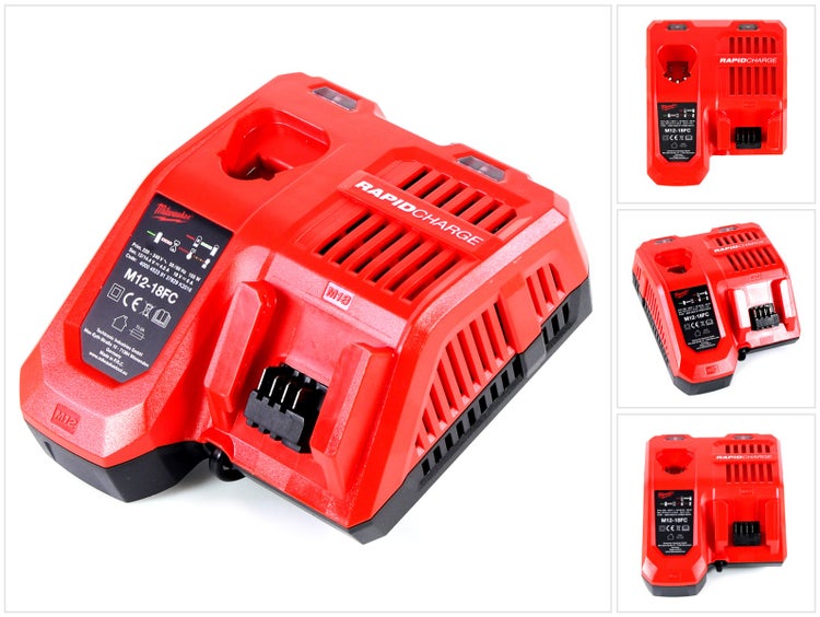 Milwaukee M12-18FC Schnellladegerät für M12 und M18 Lithium-Ionen-Akkus, rot und schwarz.