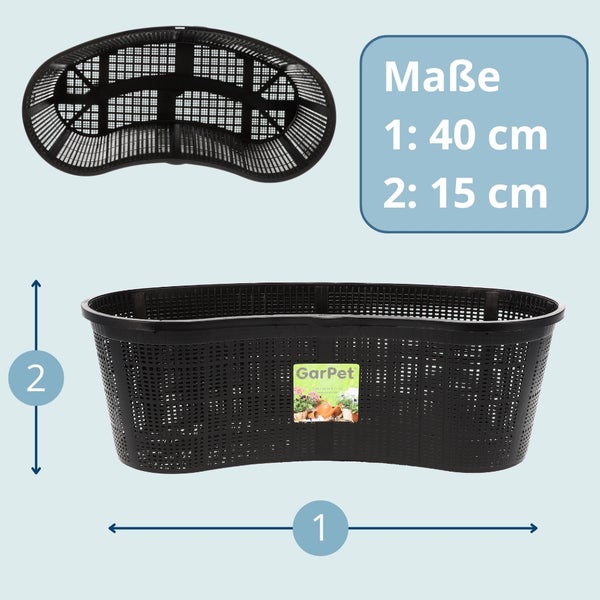Abbildung eines schwarzen Pflanzkorbs mit den Maßen 40 mal 15 Zentimeter.