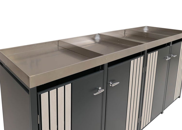 Gartenschrank mit Edelstahlplatte und mehreren Türen