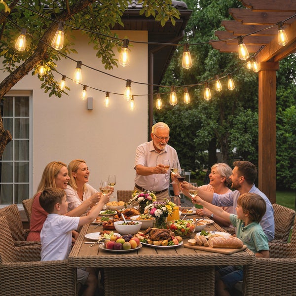 Stimmungsvolle LED-Lichterkette im Außenbereich über einem gedeckten Gartentisch mit einer Familie beim gemeinsamen Abendessen auf einer Terrasse.