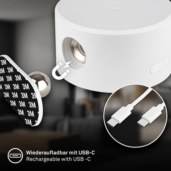 Wiederaufladbare Leuchte mit magnetischer Wandhalterung, 3M Klebepad und USB Typ C Anschluss.