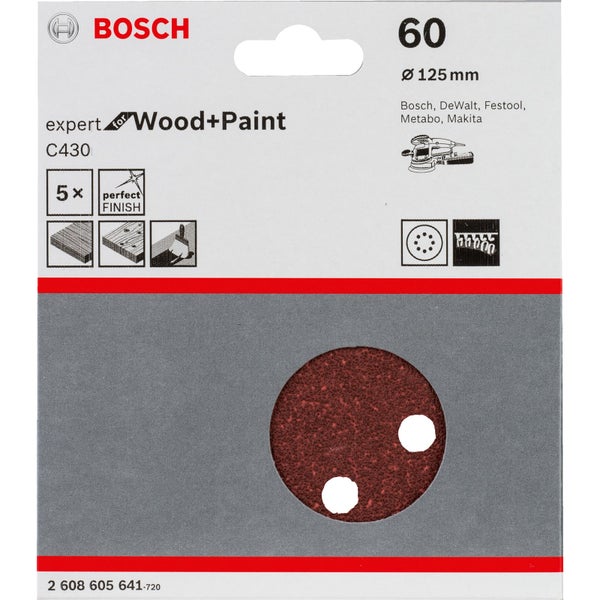 Bosch 5x Schleifblatt C430 Expert for Wood 8 Löcher Klett 125 mm K60 - 2608605641