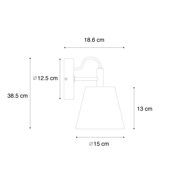 Wandleuchte: Höhe 38,5 Zentimeter, Tiefe 18,6 Zentimeter, Schirmdurchmesser 15 Zentimeter, Schirmhöhe 13 Zentimeter, Halterung 12,5 Zentimeter.