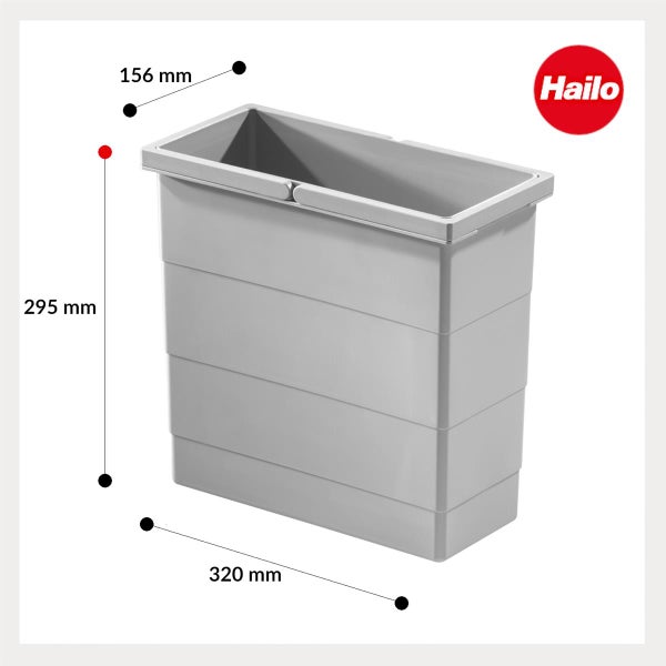 Grauer Hailo Mülleimer-Einsatz mit Maßen 320 Millimeter Länge, 156 Millimeter Breite und 295 Millimeter Höhe. Hailo Logo.