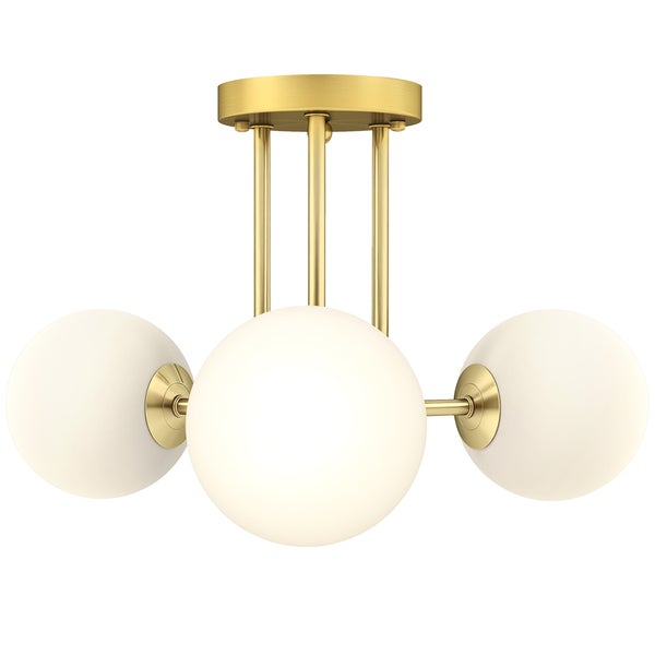 Dreiflammige Deckenleuchte mit kugelförmigen Glasschirmen und goldfarbenem Metallgestell.