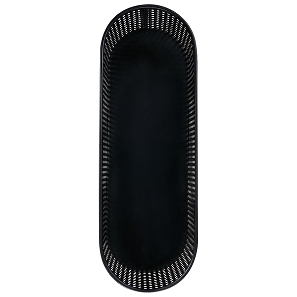 Ovaler Metallkorb in Schwarz mit perforierten Seiten.
