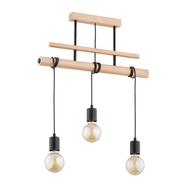 Hängelampe mit drei Leuchten aus Holz und Metall in modernem Design für den Innenbereich