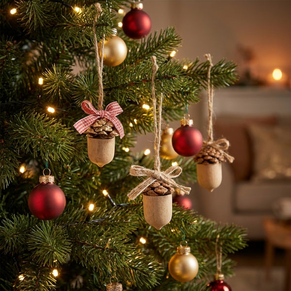Weihnachtsbaum mit Anhängern in Eichelform aus Holz und Zapfen sowie klassischen Weihnachtskugeln dekoriert für eine festliche Stimmung.