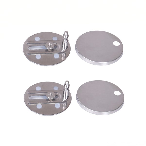 Zwei runde WC Sitz Befestigungen aus Metall mit verstellbaren Schraubplatten und Abdeckungen
