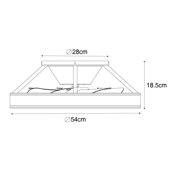 Maßzeichnung Deckenventilator mit Licht, Durchmesser 54 Zentimeter, Höhe 18,5 Zentimeter, Durchmesser der Deckenhalterung 28 Zentimeter.