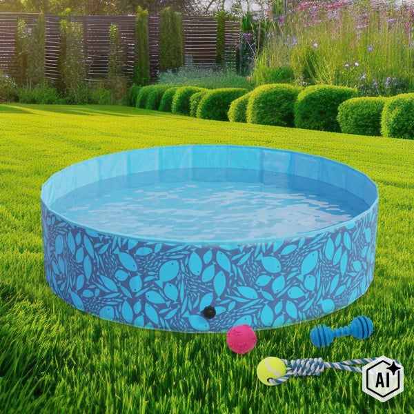 Runder Hundepool mit Fischmuster im Garten inklusive drei Hundespielzeugen auf dem Rasen.