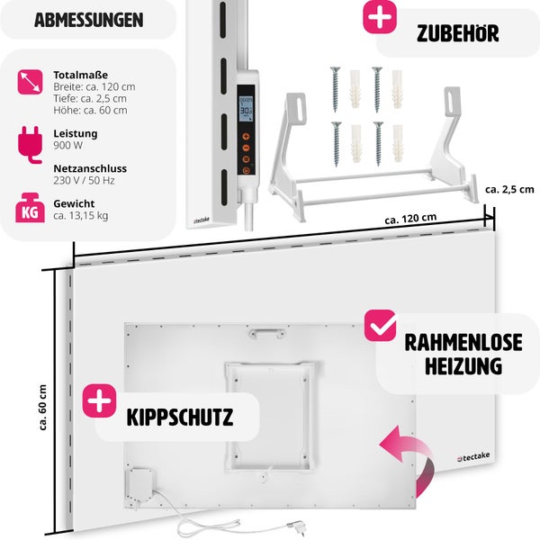 tectake Infrarotheizung, rahmenlos, mit Zubehör und Kippschutz