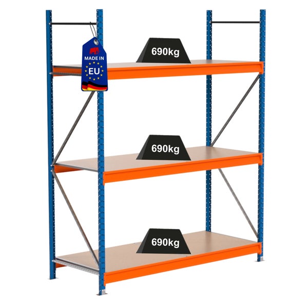Lagerregal mit drei Ebenen und einer Traglast von 690 Kilogramm pro Ebene, Hergestellt in der EU Kennzeichnung