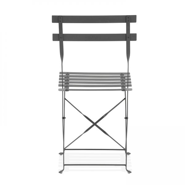 Klappbarer Gartenstuhl aus Metall in Anthrazit mit einer Sitzfläche aus Metalllatten und einer Rückenlehne mit zwei Querstreben.