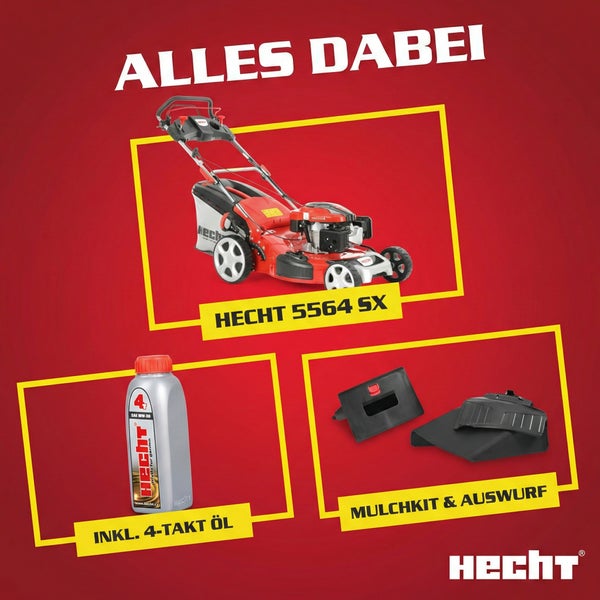 Benzin-Rasenmäher Hecht 5564 SX inklusive Viertakt-Öl, Mulchkit und Auswurf. Hecht Logo.