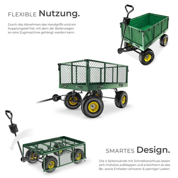 Bollerwagen mit abnehmbarem Griff und klappbaren Seitenwänden für flexible Nutzung.