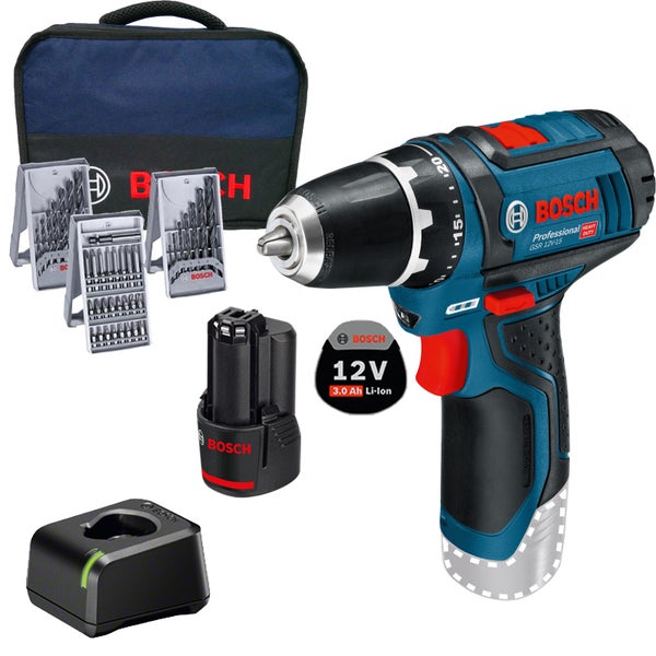 Bosch Akku-Bohrschrauber GSR 12V-15 / 1x 3,0 Ah Akku + Ladegerät inkl. Zubehör im Softbag