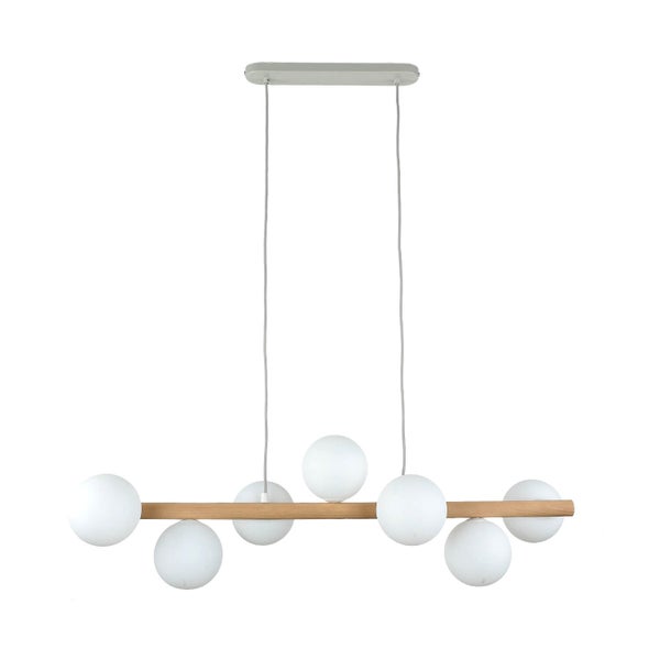 Hängelampe mit Holzstab und runden Leuchtkörpern