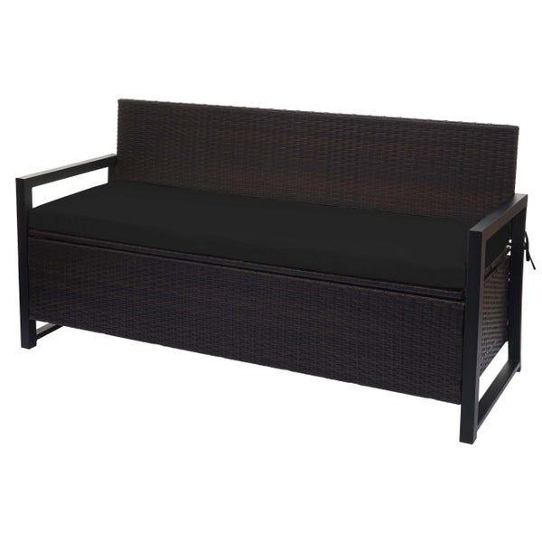 Gartenbank aus dunkelbraunem Polyrattan mit schwarzem Sitzkissen und integrierter Auflagenbox.