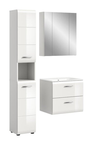 Badezimmermöbel-Set in Weiß, bestehend aus Hochschrank mit offenem Fach, Waschtischunterschrank mit zwei Schubladen und dreitürigem Spiegelschrank.