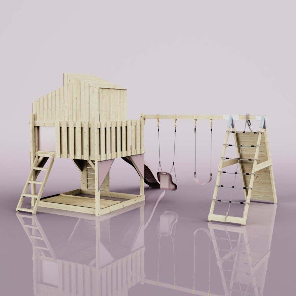 Großer Spielturm aus Holz für den Garten mit Spielhaus, Rutsche, zwei Schaukeln, Kletterwand mit Seilnetz und integriertem Sandkasten.