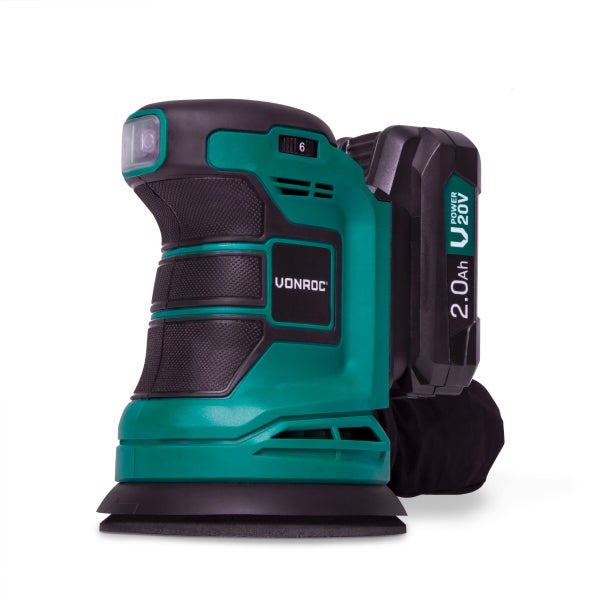 VONROC Exzenterschleifer Akku, Schleifmaschine - Handschleifer mit Staubbehälter 20V mit 4Ah Akku und Ladegerät, 125mm, 10.000/min, Variable Geschwindigkeit - Schleifer für Holz, Kunststoff, Metall - inkl. 12 Schleifpapier