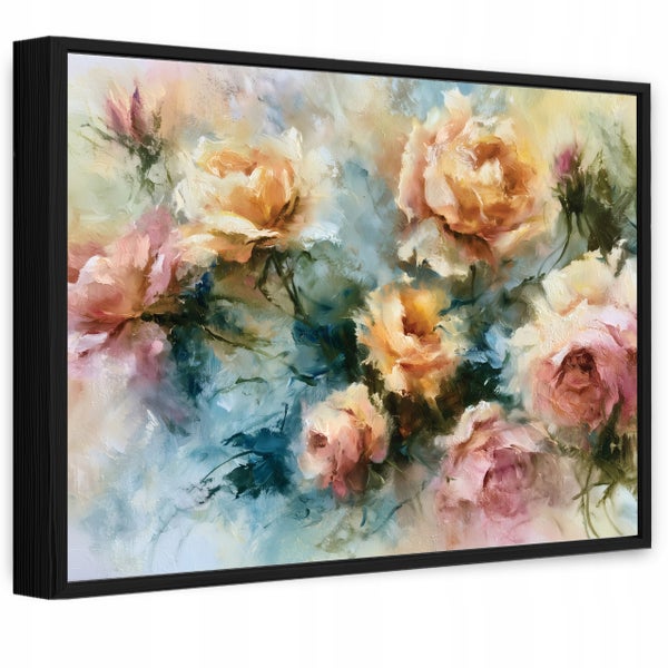 Wandbild mit einem impressionistischen Blumenmotiv von gelben und rosa Rosen in einem schmalen schwarzen Rahmen.