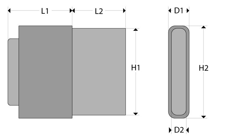 Produktmaßdarstellung mit L1, L2, H1, H2, D1 und D2