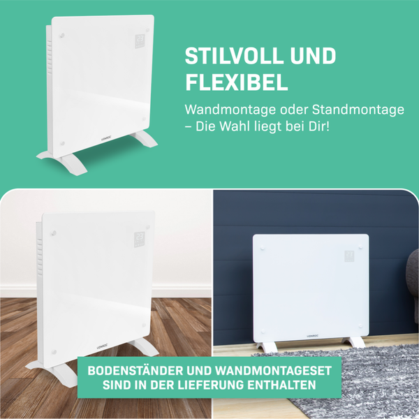 Abbildung eines Heizgeräts für Wand- oder Standmontage.