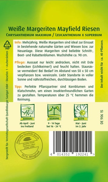 Rückseite einer Samentüte für Weiße Margeriten Mayfield Riesen (Chrysanthemum Maximum) mit Informationen zu Aussaat, Keimung und Blütezeit.