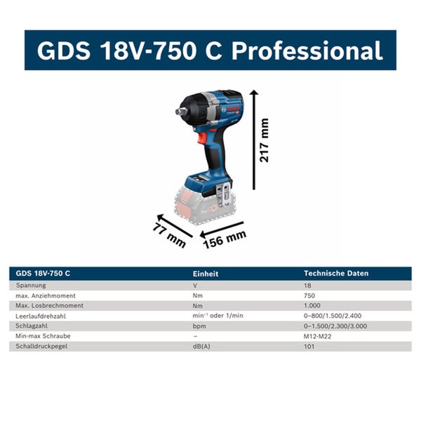 Bosch GDS 18V-750 C Professional Akku-Drehschlagschrauber mit Maßangaben