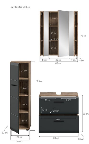 Dreiteiliges Badmöbel Set in Holzoptik und Anthrazit mit Maßen in Zentimeter für Spiegelschrank, Unterschrank und Seitenschrank.