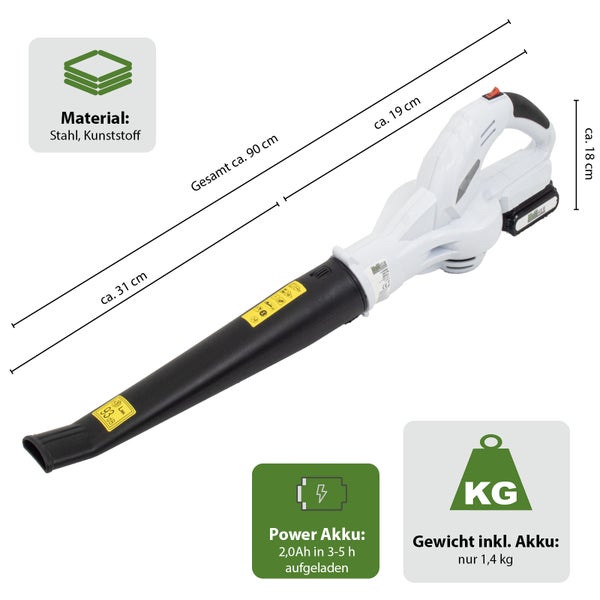 Akku-Laubbläser aus Stahl und Kunststoff, Gesamtlänge circa 90 Zentimeter, Gewicht inklusive Akku 1,4 Kilogramm, 2,0 Amperestunden Akku.