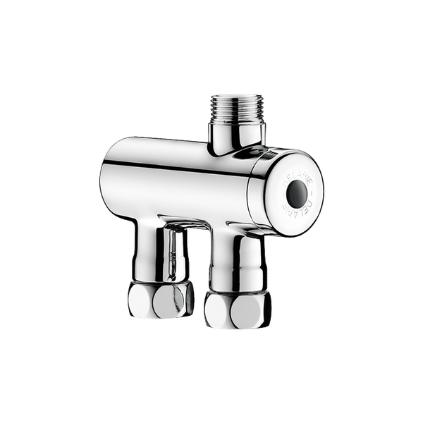 Verchromtes Delabie Mischventil mit zwei unteren Anschlüssen und einem oberen Gewindeabgang.
