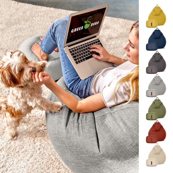 Green Bean 2er Set Indoor Sitzsack + Hocker mit EPS-Perlen Füllung - Fußhocker Fußkissen Sitz-Pouf Bodenkissen Liegekissen Sitzkissen Lounge Chair Sitzhocker Relax-Sessel Bean Bag Silber Grau
