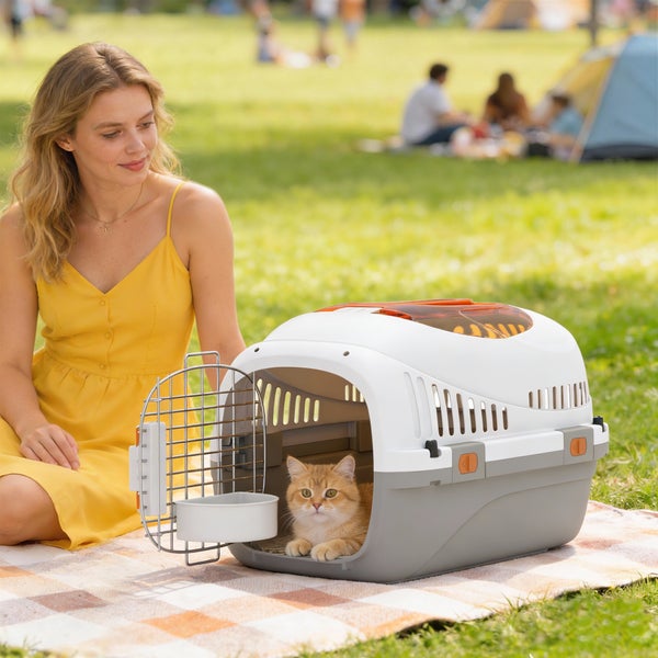 Katze in einer weiß-grauen Transportbox mit offener Gittertür und Futternapf, daneben eine Frau auf einer Picknickdecke im Park.