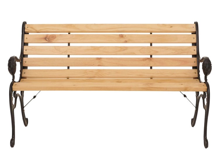 Gartenbank mit Holzlatten und dekorativem Gestell aus Gusseisen.