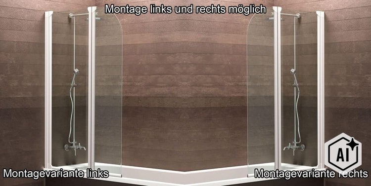 Duschwand für Badewanne mit Schwenkmechanismus, Montage links oder rechts möglich, für flexible Badewannennutzung.