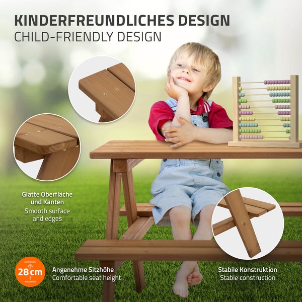ML-Design Kindersitzgarnitur für Draußen, Braun, Sitzgruppe Outdoor 2 Bänke mit Tisch, Garten Kindersitzgruppe mit 4 Plätzen, Sitzgarnitur für Kinder Massivholz, Picknicktisch Kinder, Spielsitzgruppe